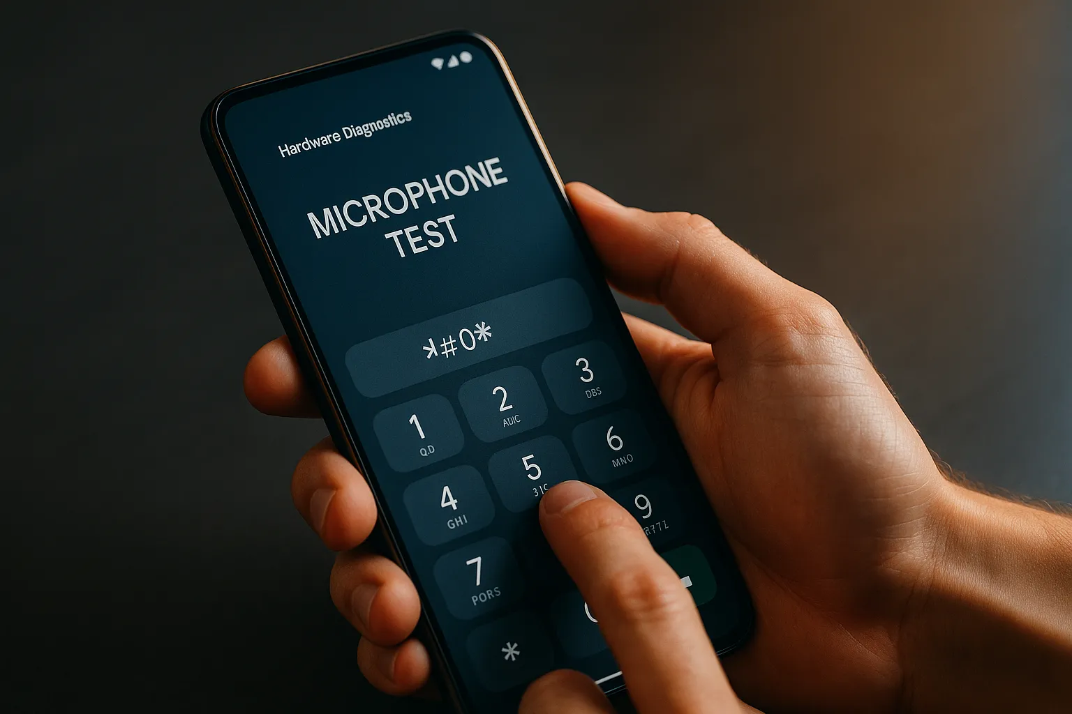 มือถือกำลังกดรหัสลับเช็คไมโครโฟนมือถือ Android ว่าทำงานปกติไหมบนเมนูทดสอบฮาร์ดแวร์