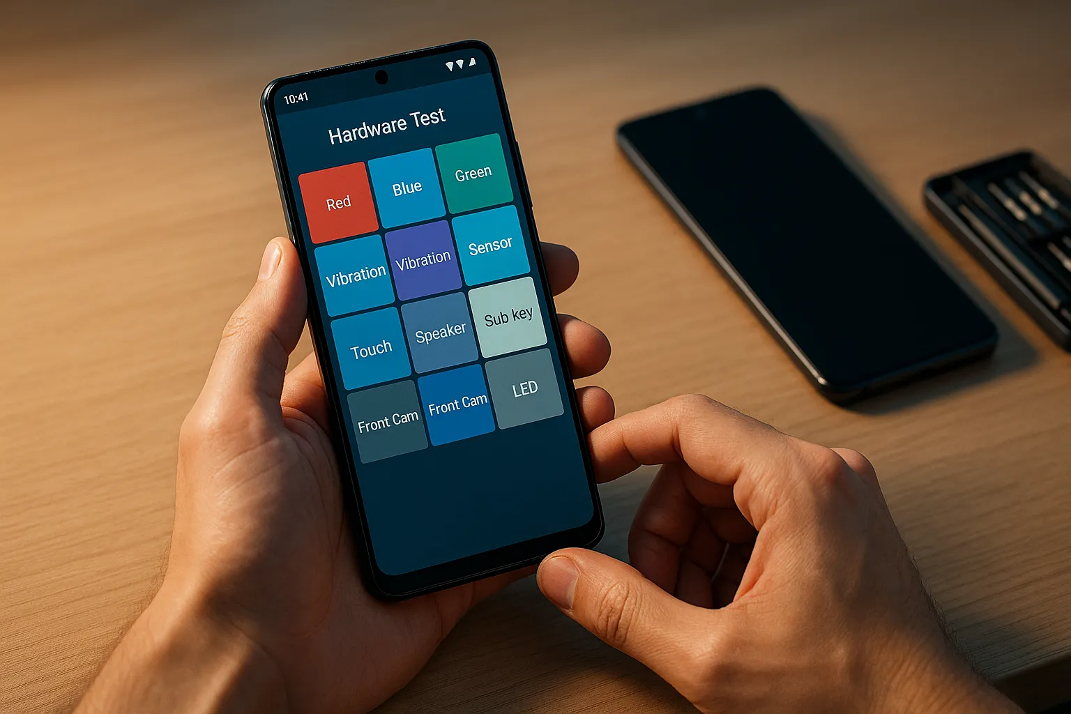 มือถือ Android มือสองแสดงเมนูทดสอบฮาร์ดแวร์จากรหัสลับเช็คเครื่องก่อนซื้อ