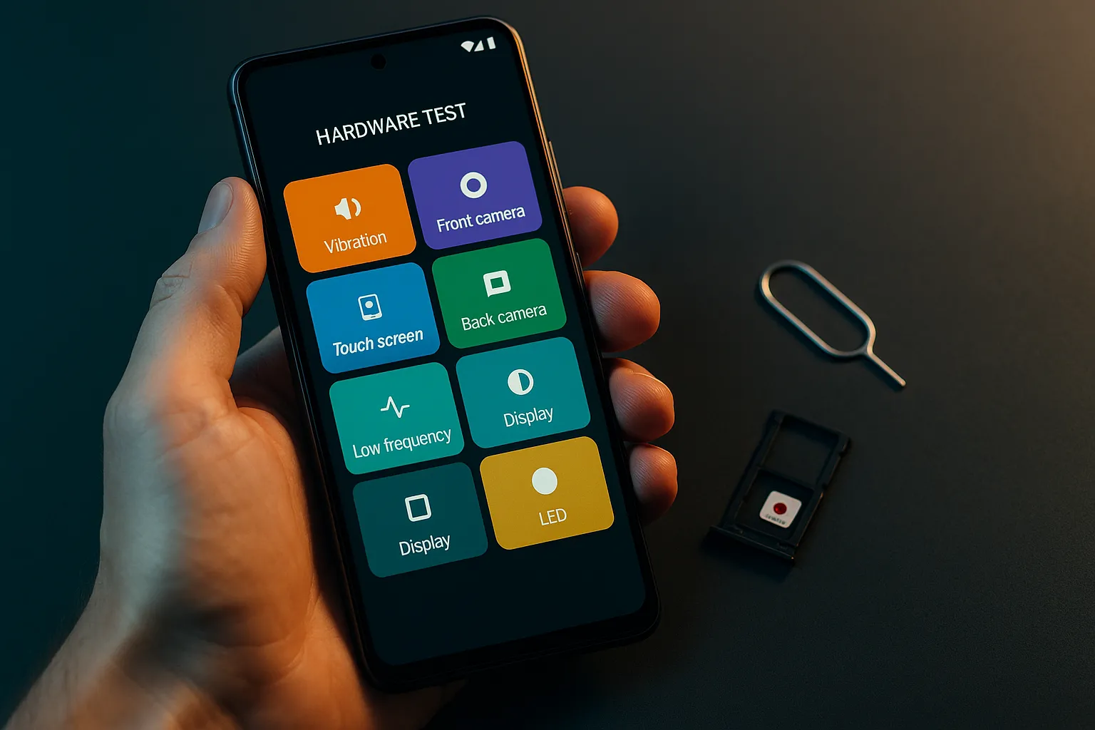 มือถือ Android แสดงเมนูทดสอบฮาร์ดแวร์และถาดซิมพร้อมสติกเกอร์วัดความชื้นสำหรับเช็คความชื้นในเครื่องด้วยตัวเอง