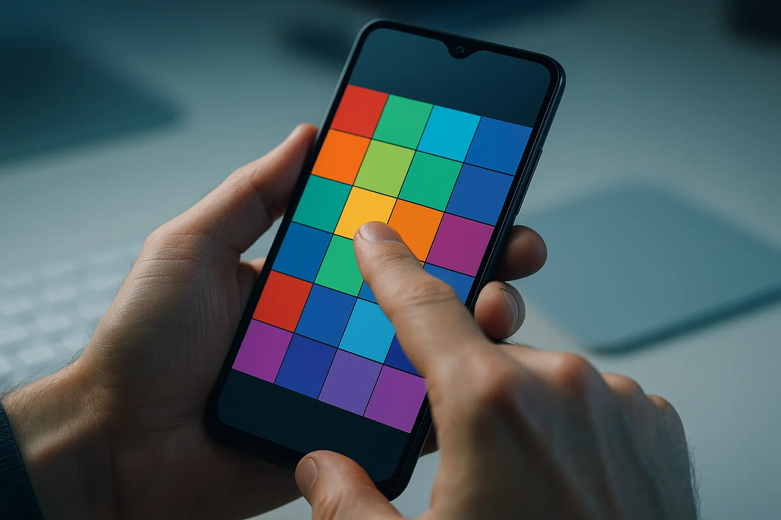 มือถือ Android กำลังรันรหัสลับเช็คการสัมผัสหน้าจอ touch screen ด้วยลายกริดทดสอบ