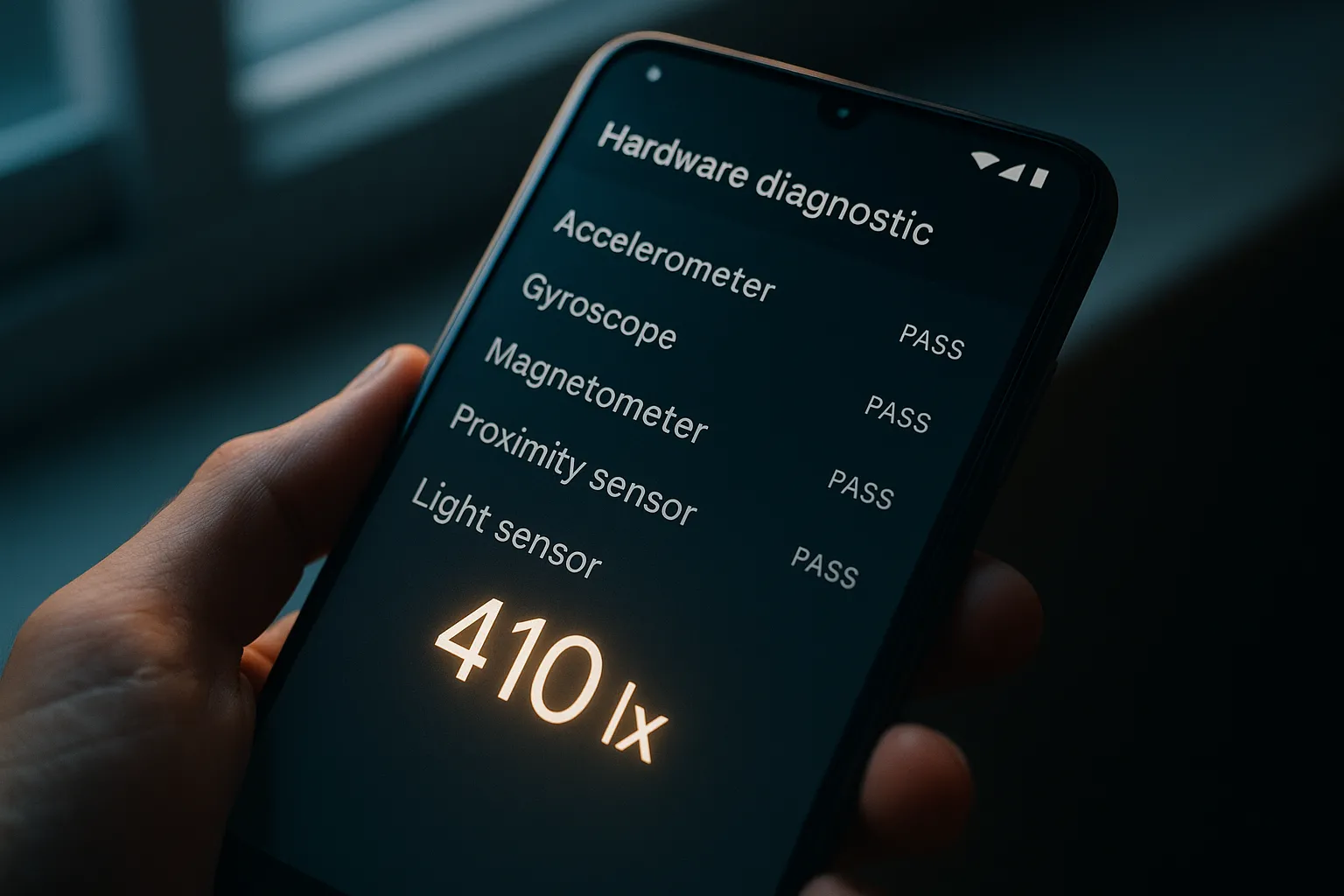 มือถือ Android แสดงหน้าจอทดสอบรหัสลับเช็คเซ็นเซอร์แสงว่าทำงานปกติไหม